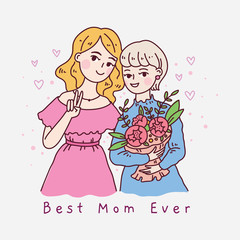 Happy friendship day. Mother and daughter. Doodle kawaii style