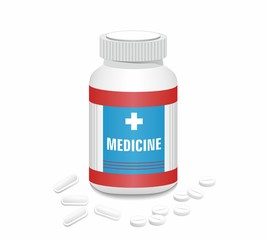 Medicine bottle with two different pills. Vector illustration.