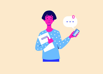 Obraz premium Sad girl is holding a smartphone with no messages. No One Writes to the girl. Social disregard.