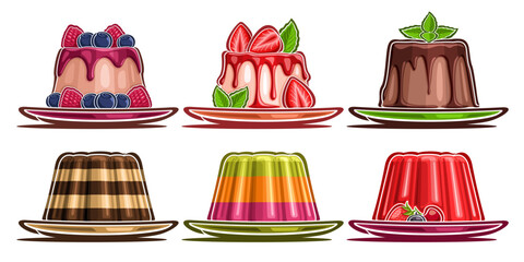 Vector Set of assorted Panna Cotta and Jelly, collection of 6 cut out illustrations of diverse fruit panna cotta and layered lelly, set of group dairy and gelatin desserts for cafe or restaurant menu. - obrazy, fototapety, plakaty