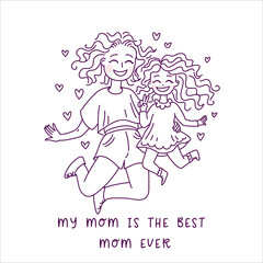 Happy friendship day. Mother and daughter. Doodle kawaii style