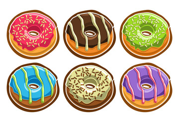 Vector Set of assorted Donuts, lot collection of 6 cut out illustrations of diverse colorful decorated donuts or doughnuts, set of many delicacy baked goods for cafe menu on white background.