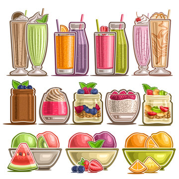 Vector Set of different Desserts, lot collection of 12 cut out illustrations of fresh assorted milk beverages, group of many parfaits and puddings and diverse frozen fruit desserts for cafe menu.