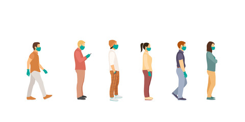people stand queue and one person fits. Full length of cartoon sick people in medical masks and gloves standing in line against at a safe distance. flat vector