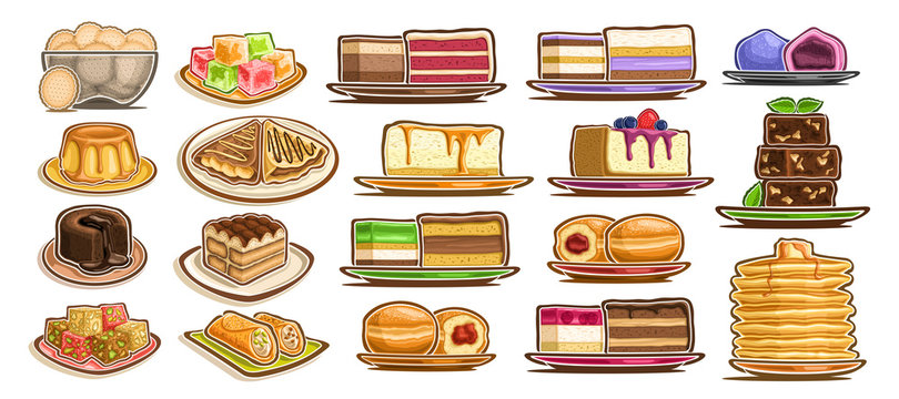 Vector Set of assorted Desserts, lot collection of 19 isolated delicate cakes and gastronomy yummy desserts on plates and dishes, group of many cut out diverse baked goods for cafe or restaurant menu.