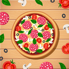 Tasty pizza with ingredients around top view on wooden table background. Flat traditional italian fast food closeup vector illustration for web, advert, menu