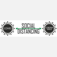 Concept social distancing warning. Two coronavirus bacteria. Safety distance. Vector illustration.