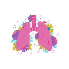 Vector isolated illustration of lungs, trachea, bronchus  with flowers and leaves.  Cute flat illustration of human internal organs.