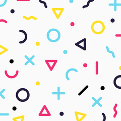 Abstract colorful geometric border pattern circle, dot, triangle line, cross shape on white background