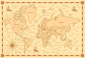 Fototapeta na wymiar Color Classic Style of World Map with Thin Lines Elements. Vector