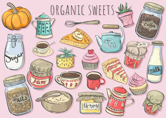 Organic sweets. Set of pies, jam, teapots and cups with tea and coffee