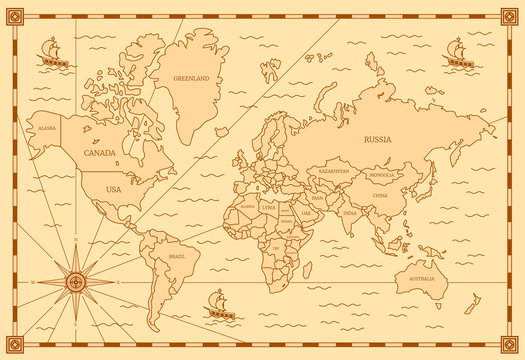 Color Classic Style of World Map with Thin Lines Elements. Vector