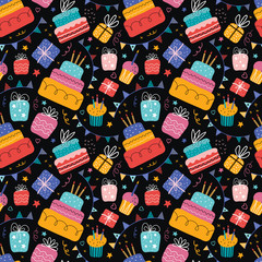 Birthday cream cakes, gift boxes, garlands flat vector seamless pattern. Hand drawn background for a party, holiday for children, festival. Decoration in the Scandinavian style. Party decorative items