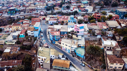 Aerial View to the Colofrul and Bright Buildings and Streets of Valparaiso, Chile
