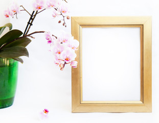 Frame for a portrait with orchid petals in a jug. A frame that covers your quote, promotion, headline or design is great for small businesses, bloggers.