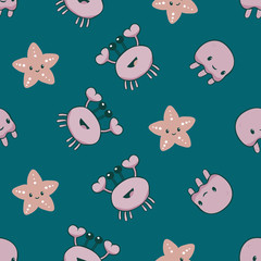 Vector cartoon crab seamless pattern background. Happy crustacean, starfish, jellyfish teal pink backdrop. Marine wildlife kawaii style design. All over print for vacation, baby kids beach concept
