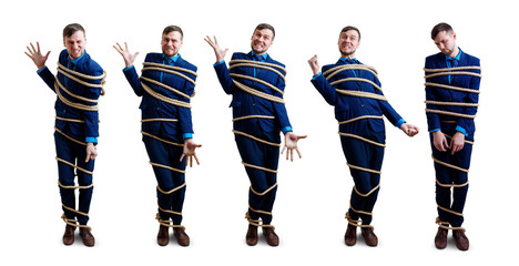 Collage of angry and tired businessman tied up with rope.