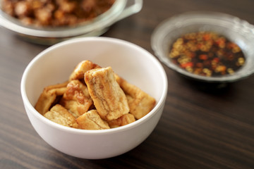 indonesian fried tofu or tahu goreng traditional soy bean extract