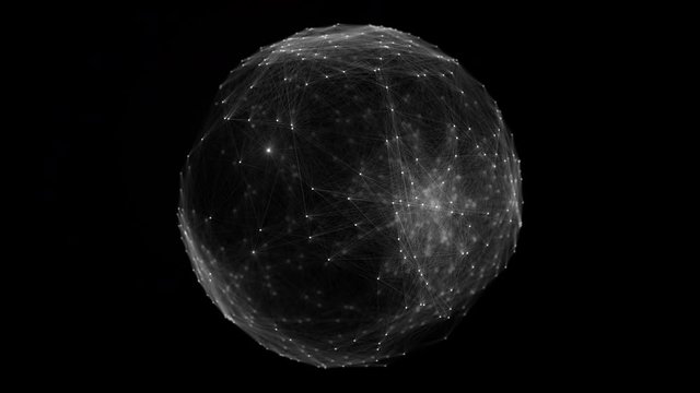Global network connection concept. Sphere with Connected Lines and Dots on black background. Global Digital Connections. Globe Grid. Wireframe Illustration. 3D Technology Style. Seamless loop.