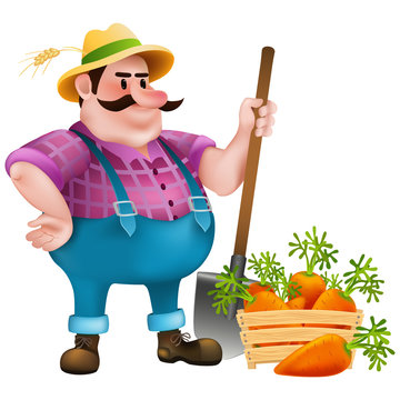 cartoon fat farmer with a shovel and  wooden box full of fresh carrots on white background