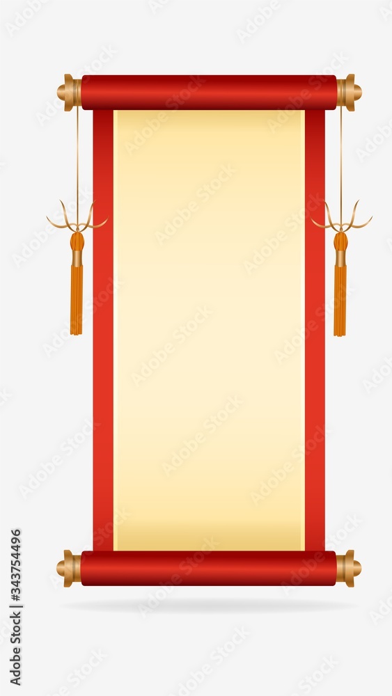 Poster realistic 3d asian scroll with two cords located on the sides, with space for your text or portrait.