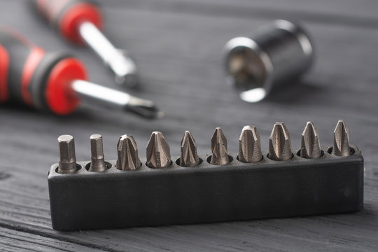 Replaceable bits for a screwdriver. A set of bits for a screwdriver close-up.