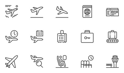 Airport Vector Line Icons. Air Transportation, Air Travel, Tickets, Baggage Claim, Takeoff and Landing of Aircraft. Editable Stroke. 48x48 Pixel Perfect.