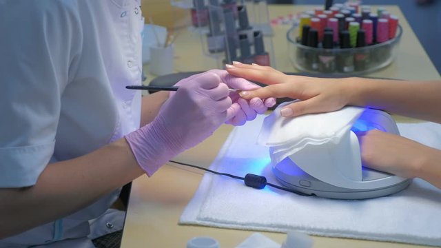 Manicurist master is painting client's nails gel shellac, another hand is drying in UV lamp in beauty salon, hands closeup. Manicurist in gloves is making manicure.