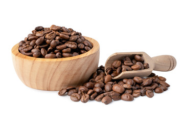 Coffee bean medium roasted in wooden bowl isolate on whtie background with clipping path.
