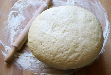 Fototapeta na wymiar Concetto di cibo. Pasta lievitata fatta in casa per pane o pizza con un mattarello su fondo di legno. Vista dall'alto.