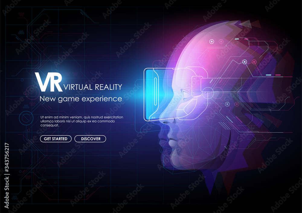Poster artificial intelligence in virtual reality. ai and vr software development concept illustration.