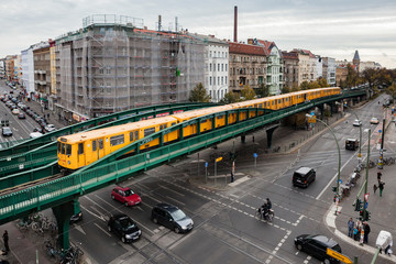 Train is passing on the Eberswalderstr bridge in Prenzlauer Berg. 