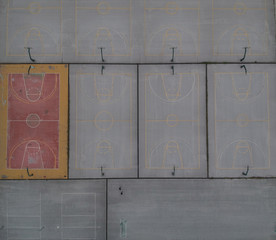 Aerial drone shot over basketball courts in a sports complex in Poseidonio, Thessaloniki Greece