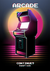 Neon illustration of Arcade game machine. Retro gaming, Game of 80s-90s. Technology and entertainment concept. Advertisement design.