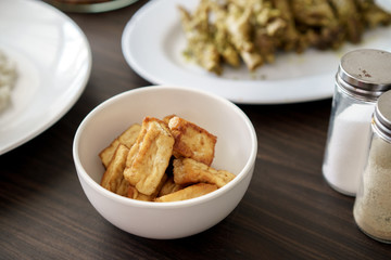indonesian fried tofu or tahu goreng traditional soy bean extract