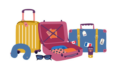Obraz premium Vector set with travel elements: luggage bags, suitcases, sunglasses, cosmetics, clothes. Trendy colorful vacation illustration in cartoon flat style