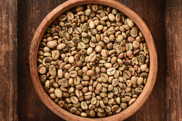 Close up of coffee beans in wooden bowl for background