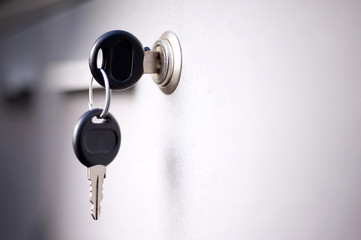 office safe key on gray background. mockup