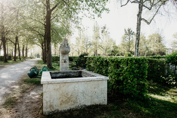 Fountain at a cemetery on a sunny day