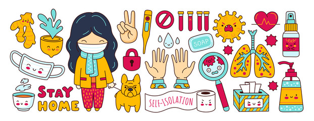 Fototapeta premium Coronavirus pandemic, covid-19. Set of stickers, elements, symbols, objects for quarantine and self isolation. Girl with dog, Medical mask, sanitizer, antiseptic, lungs. Cartoon vector illustrations.
