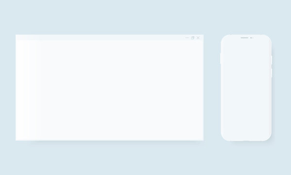 Blank browser window. Desktop computer frame and smartphone vector clay mockup. Minimal template for web design presentation.