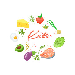 Illustration of keto diet. Pie color chart design in trendy flat style. Organic fatty and low-carb protein foods used in keto are shown. A diagram of a healthy, organic diet.