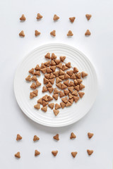 Domestic cat food. Minimalism top view flat lay plate with white dry food. Pet care.