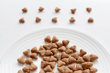 Domestic cat food. Minimalism top view flat lay plate with white dry food. Pet care.