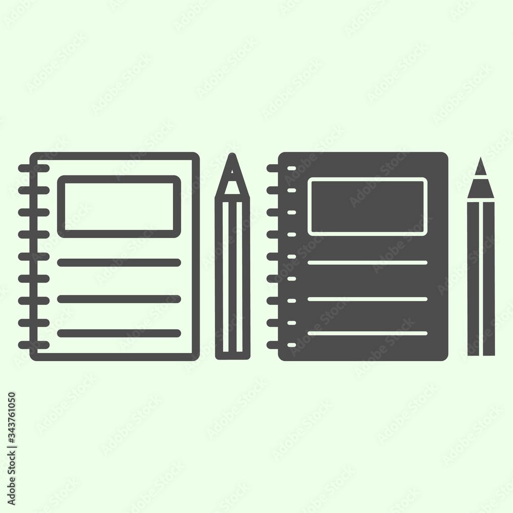 Poster notebook line and solid icon. writing spiral notepad and pencil outline style pictogram on white bac
