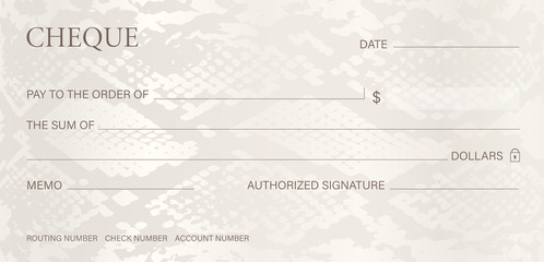 Check, Cheque (Chequebook template) with snake skin pattern. Modern background for coupon design, currency, Voucher or Gift certificate