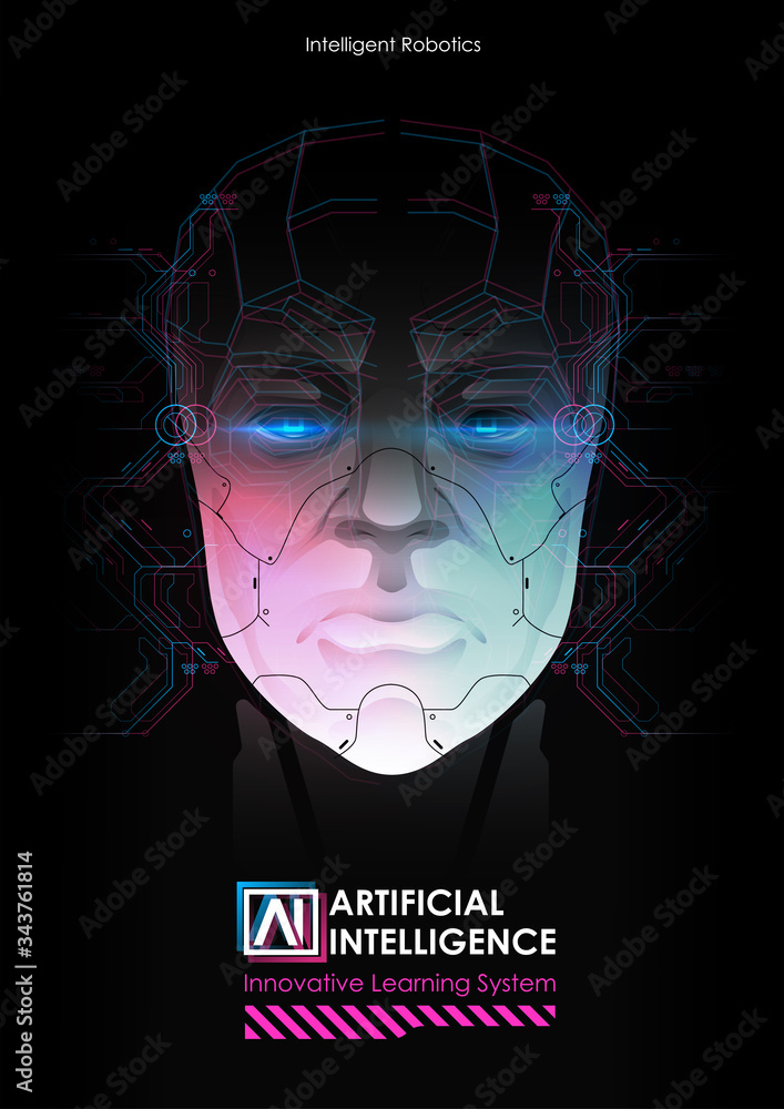 Poster robot with artificial intelligence working with virtual interface. big data. ai concept. robot face.