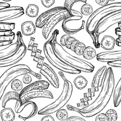 Seamless pattern with bananas hand made drawing. Black outlines on white background. Fruit and food themes. Raw food diet. Strengthening the immune system. Great for wallpaper, textile, poster, cards.
