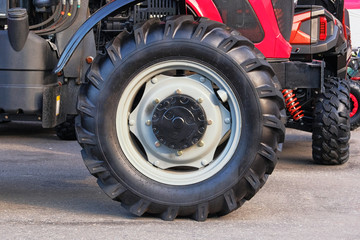 Tractor wheel, close up. Agricultural machinery