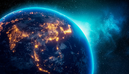 City lights of Central and East Asia continent at night from outer space. 3D rendering illustration. Earth map texture provided by Nasa. Energy consumption, electricty, power supply, ecology concepts. - obrazy, fototapety, plakaty